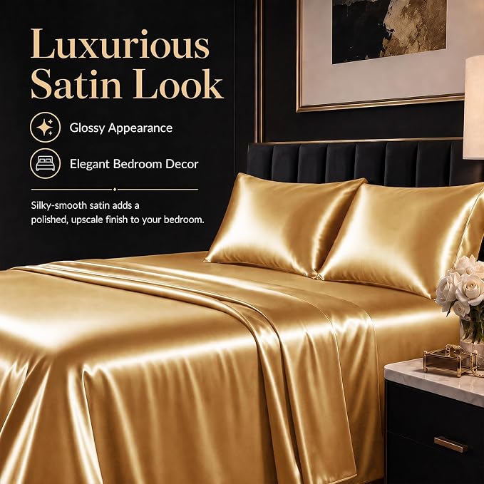 CozyLux Satin Sheets King, 4-Piece 14-Inch Deep Pocket Sheet Set | OEKO-TEX Certified Silky Soft Sheet Set for Hair & Skin, Luxurious Silky-Smooth Satin for Elegant Bedroom Decor, Gold