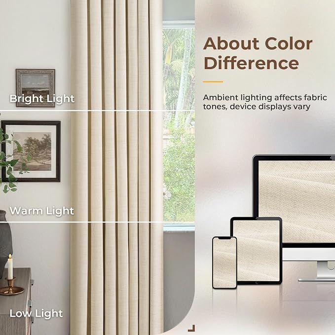 INOVADAY 100% Blackout Curtains for Bedroom Black Out Curtain 120 Inch Long | Cream Curtains for Living Room 2 Panels, Clip Rings Linen Look Blackout Drapes, Thermal Insulated Room Darkening,W50xL120
