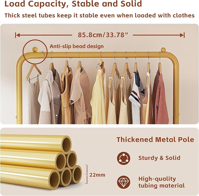 JIUYOTREE Garment Rack Clothing Clothes Rack for Clothes Organizing Gold | Standard Metal 34 Inches Garment Rack with Bottom Shelf for Hanging Clothes Coats Jackets Shirts Sweaters Jeans Gold