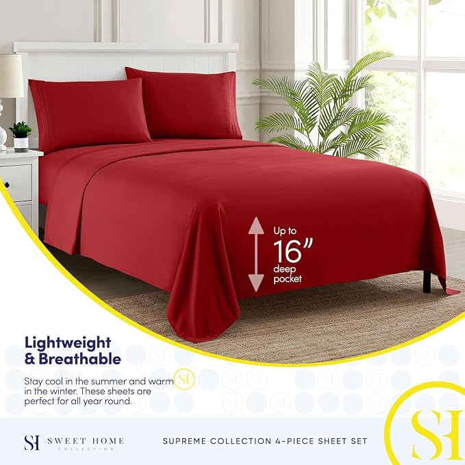 Twin Sheets - Breathable Luxury Sheets with Full Elastic & Secure Corner Straps Built In - 1800 Supreme Collection Extra Soft Deep Pocket Bedding Set, Sheet Set, Twin, Red