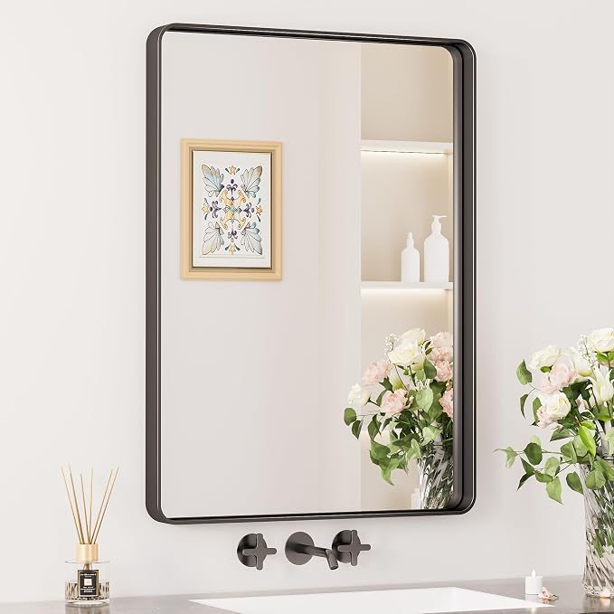 Keonjinn 22 x 30 Inch Black Vanity Mirror, Aluminum Frame Bathroom Mirror | Tempered Glass with Clear Reflection, Matte Black Sandblasted Finish, Anti-Rust, Seamless Aluminum Frame, Rounded Rectangle