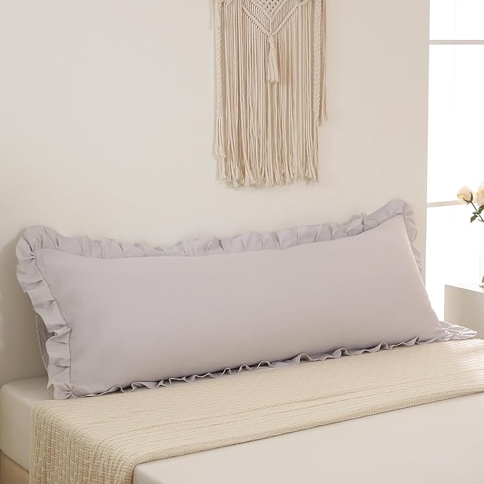 Beige Gray Body Pillow Cover 20x54inches Long Pillowcase Ruffled Pillowcases Shabby Chic Ruffled Fringe Decor Body Ruffled Pillow Sham Cute Pillowcase (1 Body, Beige Gray)