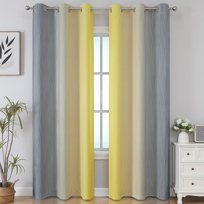 Yellow and Grey Ombre Blackout Curtains for Living Room 42Wx84L Inch Length | Estelar Textiler Room Darkening Gradient Curtains for Bedroom,Thermal Insulated,Light Blocking Grommet Window Drapes,2 Panels