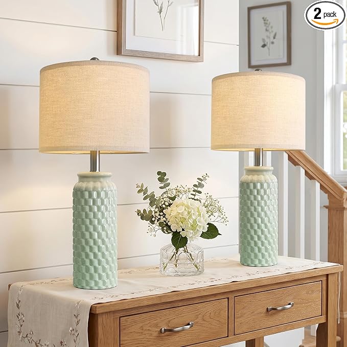 USumkky 24" Modern Ceramic Green Bedside Lamp Set of 2 Table Lamp for Bedroom Decor Farmhouse Table Lamp for Living Room Office Dorm