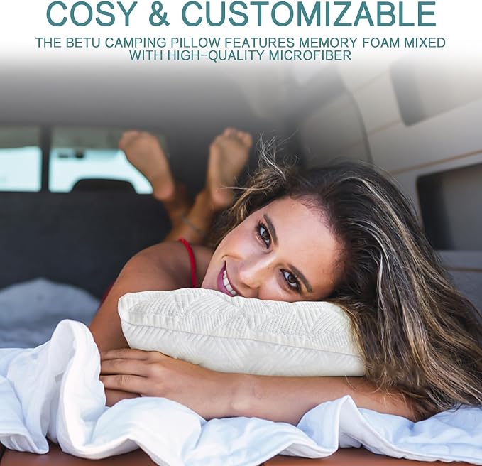 BETU Cooling Small Pillow for Travel & Camping, Adjustable Soft Support Pillow for Backpacking, Hiking Gear, Airplane, Breathable Shredded Memory Foam Pillows for Sleeping with Washable Cover