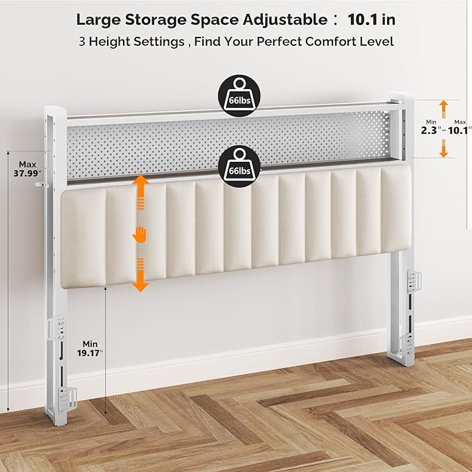 VINGLI Queen Size Headboard for Bed,Upholstered Headboards with Storage, Charging Stations and LED Lights, 2 Tier Shelves and Pegboard, Modern Bed Head Board, Adjustable Height, White