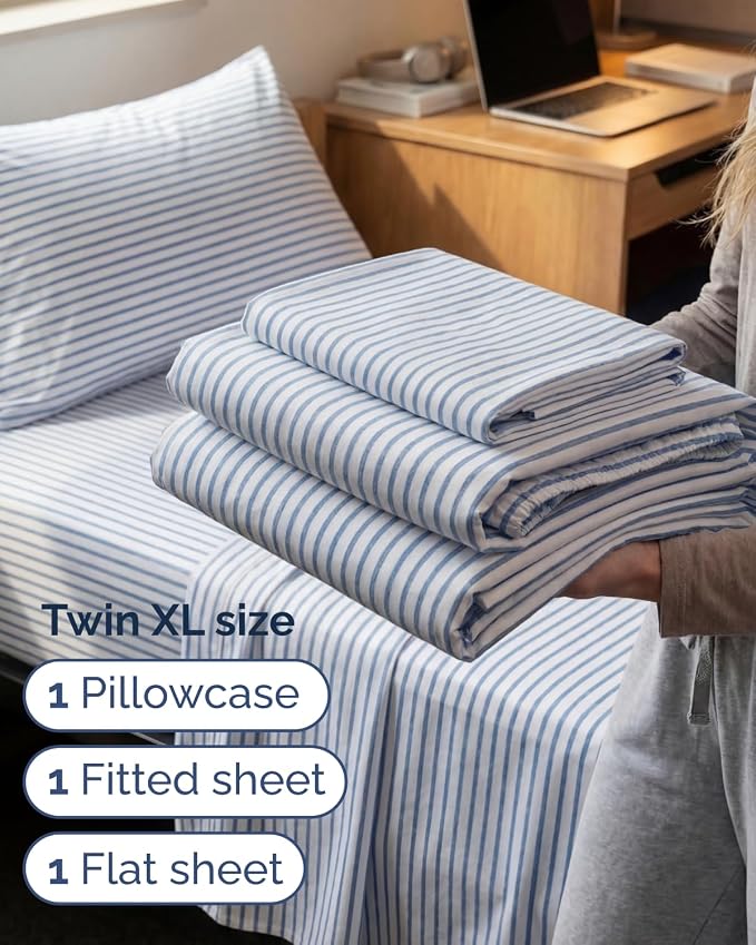 Twin XL 3 Piece Sheet Set - College Dorm Room Essentials - Blue Stripes | Deep Pocket Bed Sheets for Women, Men, Teens & Students, Soft, Cooling, Breathable & Wrinkle Free, Oeko-Tex Bed Sheet Set
