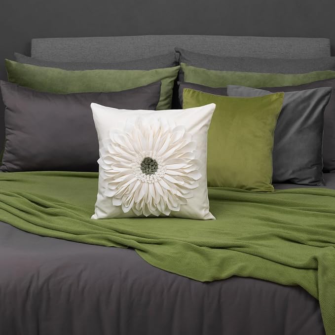 OiseauVoler Decorative 3D Flower Throw Pillow Covers for Couch 18x18 Inch | Ivory White Aesthetic Sunflower Pattern Handmade Pillowcases Boho Farmhouse Bed Decor Vintage Floral Easy Care