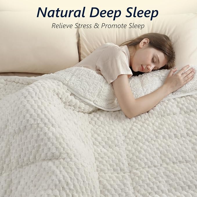 Mr. Sandman Weighted Blankets for Adults, Queen Size 60 x 80 Inches, 15lbs | Machine Washable; Soft Warm Sherpa Fleece; Jacquard Flannel with Glass Beads; Heavy Throw for Sleep and Calm; Cream White