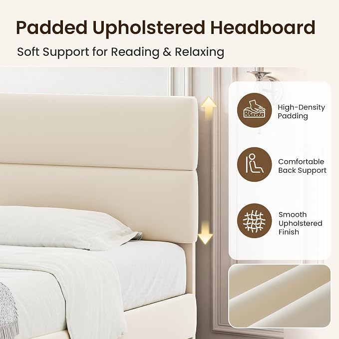 GRUSIGN Full Size Platform Bed Frame with Velvet Headboard, Adjustable Height Wooden Slats Support, Upholstered Mattress Foundation, Fits Mattress or Mattress with Box Spring, Easy Assembly, Beige