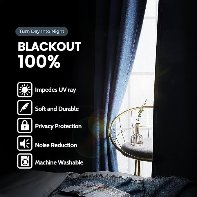 SimpleHome Navy Blue 100% Blackout Curtains Room Darkening Living Room 63 | Curtains for Bedroom,Thermal Insulated Grommet Window Drapes,Curtains for Living Room with Black Back,38 x 63 Inch,2 Panels