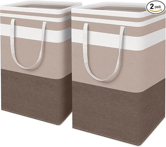 HomeHacks 2 Pack Large Laundry Baskets, Laundry Hampers Bags (Khaki 88Lx2) | Waterproof, Freestanding, Collapsible Clothes Hamper with Reinforced Handles in Laundry Room, Dorm, Bathroom, Bedroom