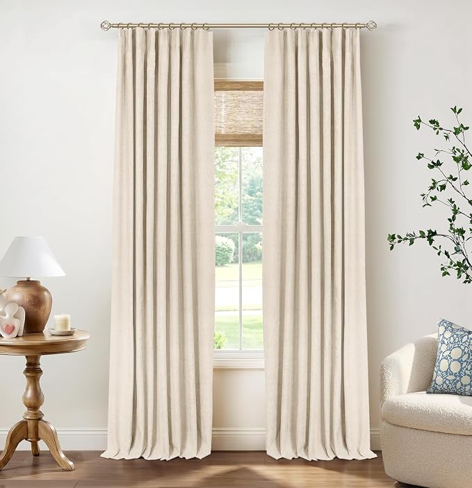 INOVADAY 100% Blackout Curtains for Bedroom Black Out Curtain 120 Inch Long | Cream Curtains for Living Room 2 Panels, Clip Rings Linen Look Blackout Drapes, Thermal Insulated Room Darkening,W50xL120