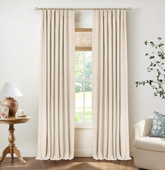 INOVADAY 100% Blackout Curtains for Bedroom Black Out Curtains 72 Inch Long | Cream Curtains for Living Room 2 Panels, Clip Rings Linen Look Blackout Drapes, Thermal Insulated Room Darkening,W50xL72