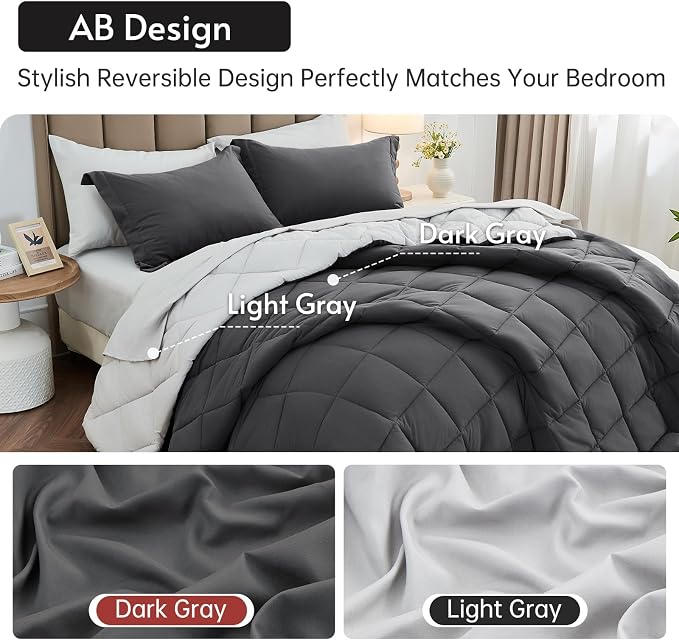 7 Pieces Queen Comforter Set, Reversible Bed in a Bag Queen Size, All Season Bedding Set with Comforter, Flat Sheet, Fitted Sheet, Pillowcases & Shams, Dark Grey & Light Grey