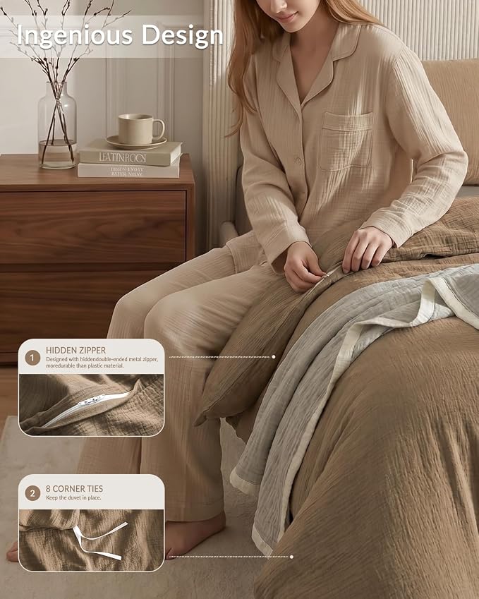 SE SOFTEXLY Muslin Duvet Cover King Size, 100% Washed Cotton Duvet Cover Set, Ultra Soft Comforter Cover Linen Like, 3 Pieces Minimalist Gauze Duvet Cover with 2 Pillowcases, 90"x104", Light Brown