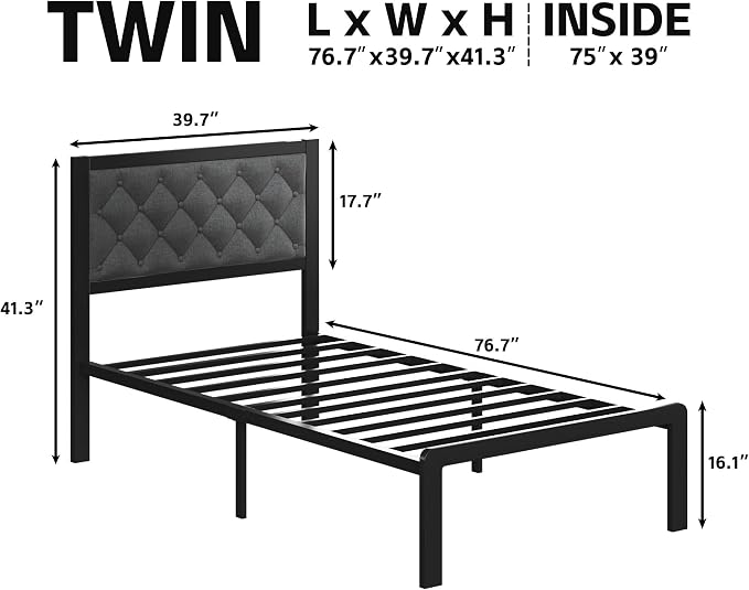 Fluest Twin Bed Frame with Headboard Linen Upholstered Bed Frame Platform,All Metal Slats Support Platform Bed Frame with Storage Space,Easy Assembly,Noise Free,No Box Spring Needed,Grey