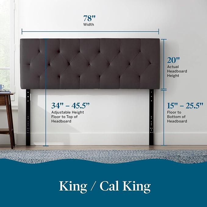 Lucid Mid-Rise Upholstered Headboard - Diamond Tufted - Padded Polyester - Adjustable Height from 34” to 46” - Easy Assembly - Bed Frame or Wall Mount - Sturdy - Charcoal - King / Cal King Size