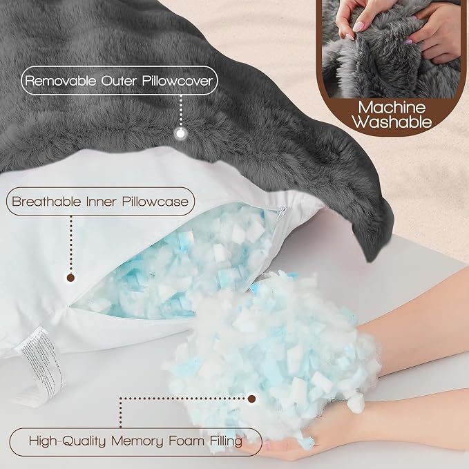 YZ HOME Faux Fur Fluffy Body Pillow for Adults, Soft Support | Firm Body Pillow, Adjustable Support for Side Sleeping, Pregnant Women, Washable cover,Gifts, 20x54 Inch (Grey)
