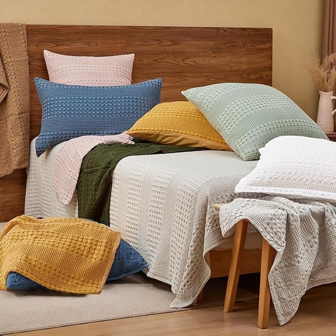 PHF 100% Cotton Waffle Weave Euro Sham Covers, 2 Pack 26" x 26" Bed Pillow Covers for Elegant Home Decor, No Filling, Luxury Aesthetic Soft Euro Pillow Cases for Bed, Denim Blue