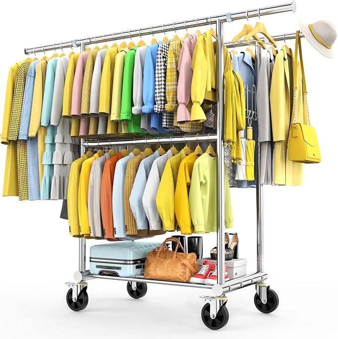 100% Stainless Steel Heavy Duty Clothes Rack Load 960LBS, Three Rods Clothing Racks for Hanging Clothes Extendable, Rolling Garment Rack With Sturdy Wheels Shelves Hooks, Portable Closet Wardrobe Rack