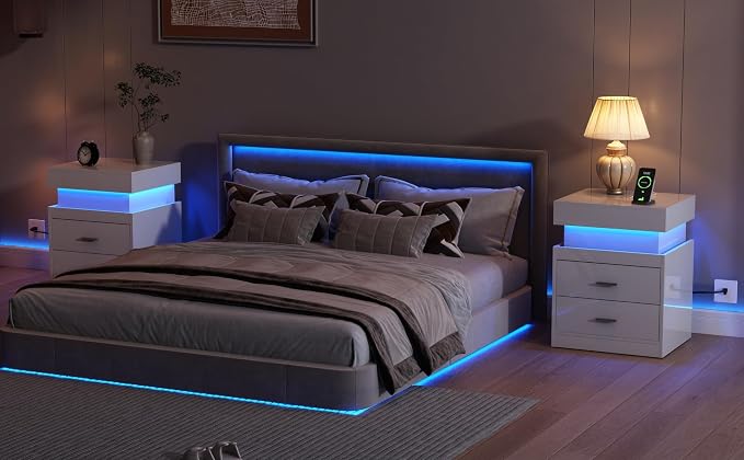 ChooChoo LED Nightstand Set of 2,Smart Night Standwith Charging Station and Sliding Top Storage, White | Sliding Top Storage, 2-Drawers, High Gloss Bedside Table, Modern End Table, Bedroom,White