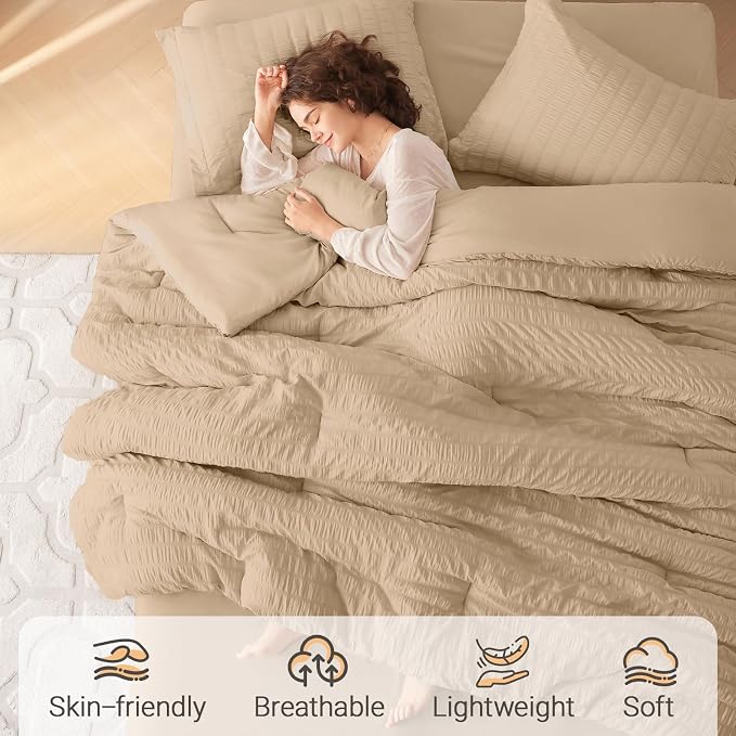 7 Pieces Queen Comforter Set, Seersucker Bed in a Bag Queen Size, All Season Luxury Bedding Set with Comforter, Flat Sheet, Fitted Sheet, Pillowcases & Shams, Khaki