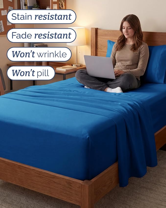 Extra Deep Twin XL Sheet Set - 3 Piece College Dorm Room - Royal Blue | Soft, Breathable & Cooling, Easily Fits 18 to 24 inch Mattress, Wrinkle Free & Fade Resistant with Extra Deep Pockets
