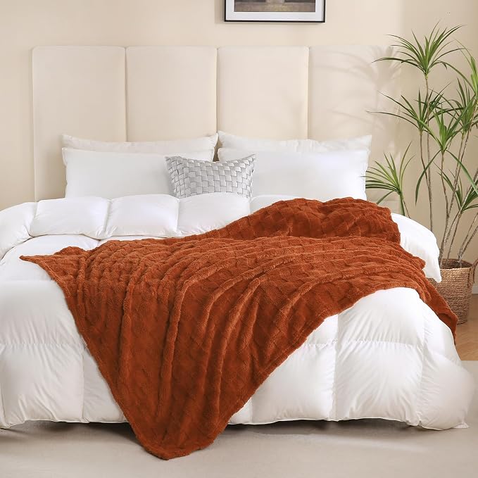 Burnt Orange Throw Blanket 108”×90”Checkered Design for Sofa | Super Soft Cozy Fleece Plush Microfiber 3D Square Pattern Flannel Blanket for Couch Bed Lightweight for Adults,Women