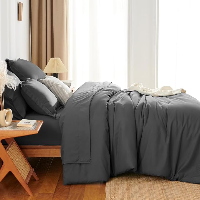 HIMEET Queen Comforter Set, 7-Piece Point-Quilted Bed in a Bag Dark Grey | OEKO-TEX Certified, Lightweight 240 GSM Comforter, Flat Sheet, 14-Inch Deep-Pocket Fitted Sheet, Pillowcases & Shams