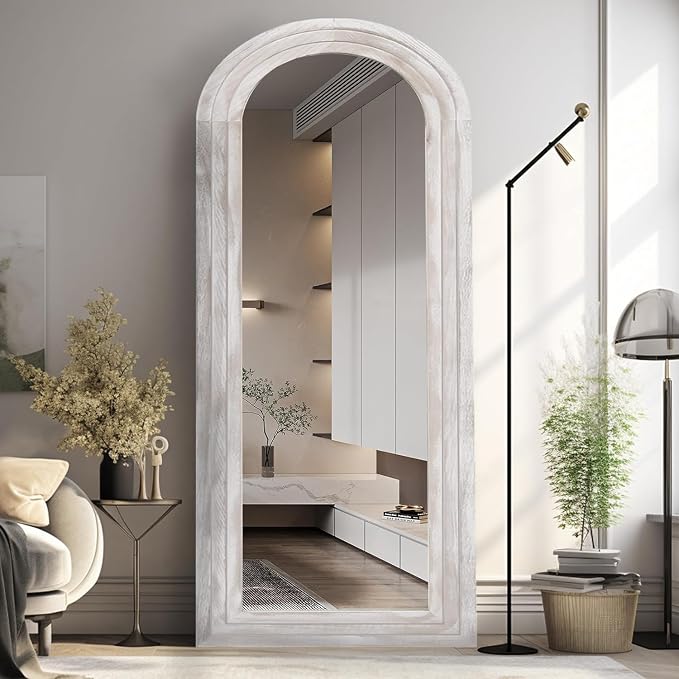 ZHUNFA Arched Full Length Mirror with Solid Wood Frame | 65x22 Farmhouse Wall Mirror Full Length with Stand, Vertical Hanging, Leaning Standing for Bedroom,Living Room, Rustic White