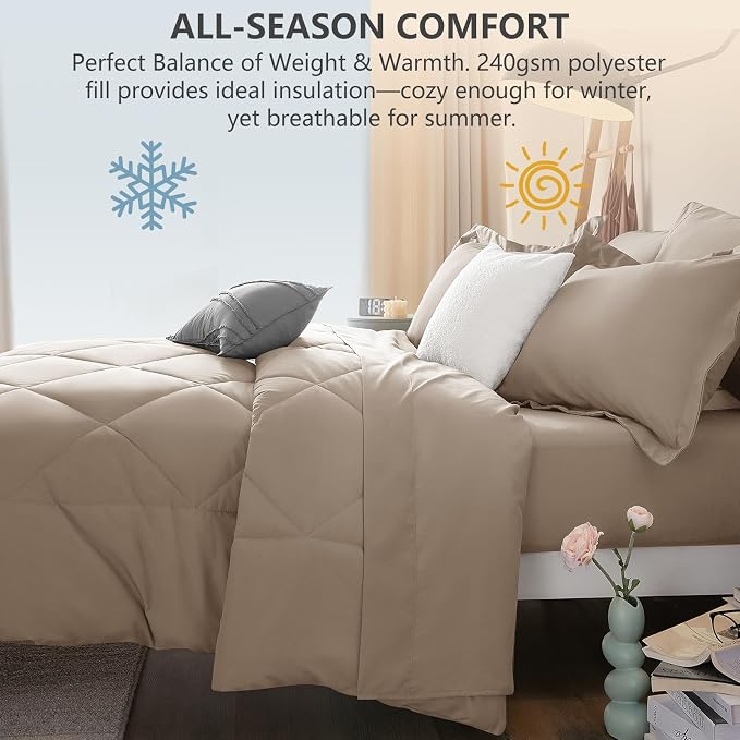 Full Size Comforter Sets Khaki - 7 Pieces Complete Bedding Set | OEKO-TEX Certified, All Season, 240GSM Down-Alternative Comforter, Sheets, Pillowcases & Shams, 14" Deep Pocket, Easy Care