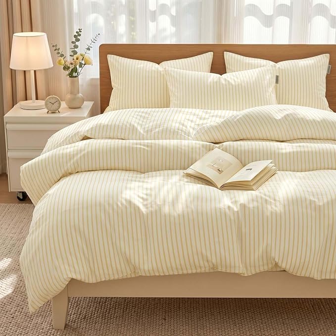Nayoroom Yellow Striped Duvet Cover Queen Size Yellow and White Stripe Duvet Cover Aesthetic Dorm Bedding 3 Pieces Soft Microfiber Farmhouse Bedding Set Girls Bedroom Decor