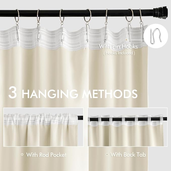 MIULEE Birch Back Tab Blackout Curtains 52x63 Inches Long 2 Panels Set | Rod Pocket Pinch Pleated, Thermal Insulated, Room Darkening, Light Blocking, Privacy Curtains for Living Room Bedroom