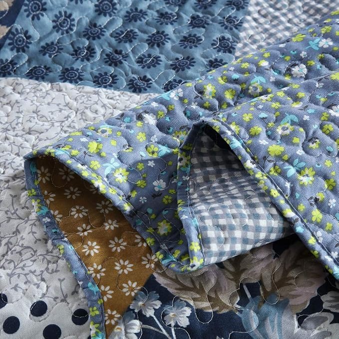 Quilt Bedspread Sets-Checkered Floral Reversible Coverlet Set,Queen Size