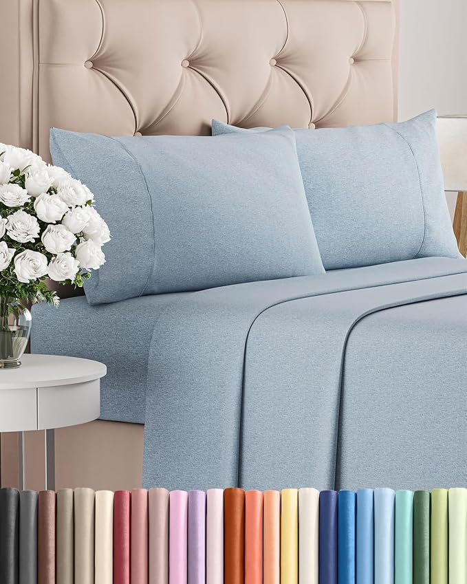 Queen Size 4 Piece Sheet Set - Breathable & Cooling Sheets - Heathered Blue | Hotel Luxury Bed Sheets for Women & Men, Deep Pockets, Easy-Fit, Extra Soft and Wrinkle Free Sheets, Oeko-Tex Bed Sheet Set