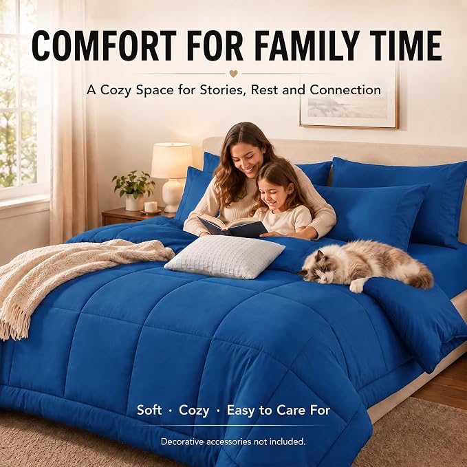 King Size Comforter Set Classic Blue - 7 Pieces Bed in a Bag | OEKO-TEX Certified, All-Season, Bedroom, Guest Room, Down-Alternative Comforter + Flat & Fitted Sheets + 4 Pillowcases