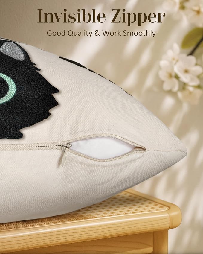 Embroidered Throw Pillow Cover 20x20 Inch, Cat Bone | Decorative Pillow Cover, Whimsical Cushion Case with Hidden Zipper, Cottagecore Decor for Couch, Sofa, Living Room, Bedroom