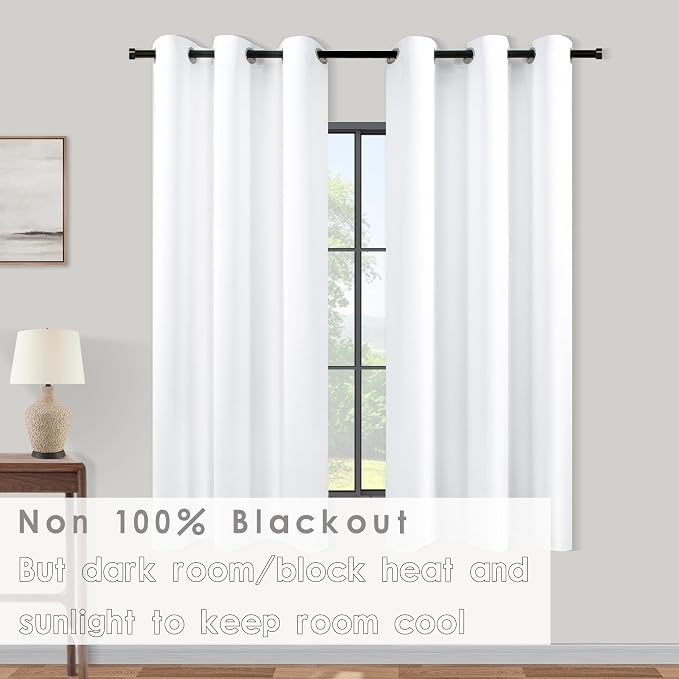 KOUFALL White Short Curtains for Small Bathroom Window,2 Panel Sets Kitchen Cafe Curtains with Grommets Rings 60-70% Blackout,45 Inch Length