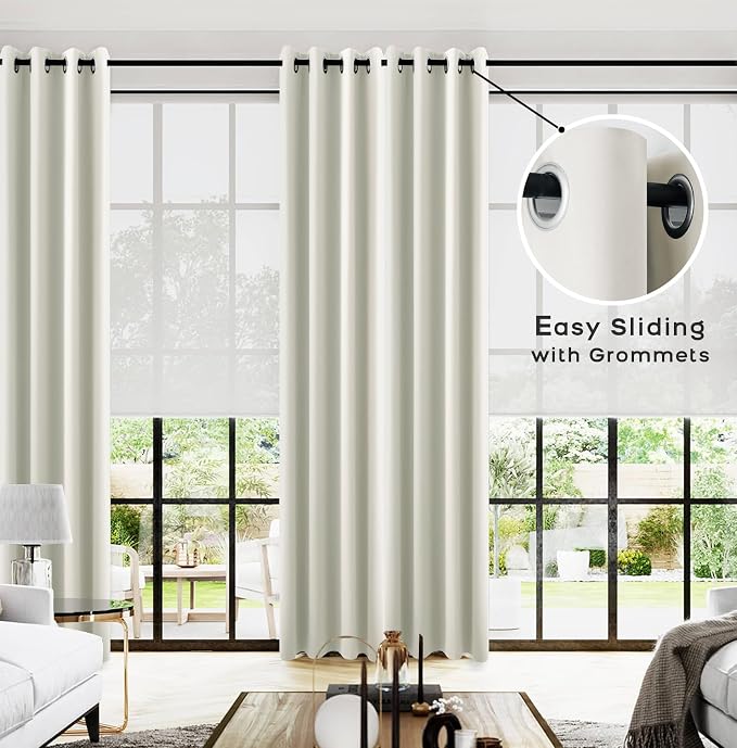 KOUFALL Cream Blackout Curtains 100 Inches Long 2 Panels Set for Living Room, Thermal Insulated Extra Long Grommet Top Drapes for Bedroom, Ivory/Cream Beige