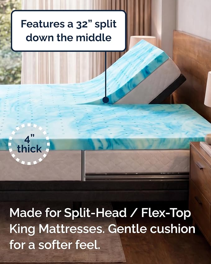 2 Inch Split Head King Memory Foam Mattress Topper - Cooling Mattress Pad | Cooling Gel Infused Bed Topper, Soft Ventilated Mattress Pad for Pressure Relief & Pain-Free Sleep, CertiPUR-US & Oeko-TEX