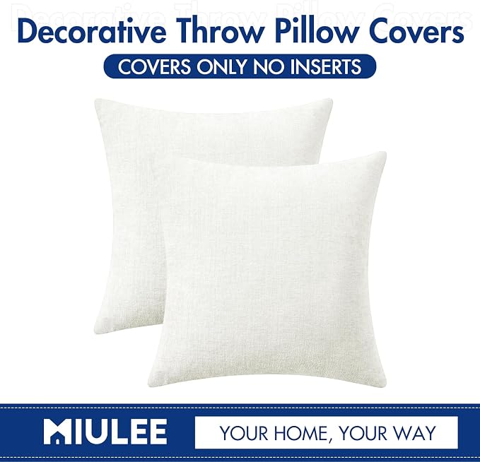 MIULEE Soft Chenille Throw Pillow Covers White 18x18 Inch Pack of 2 | Modern Home Decor, Classic Decorative Pillows, Solid Dyed Cases, Boho Couch Cushion Covers for Sofa Bed Living Room