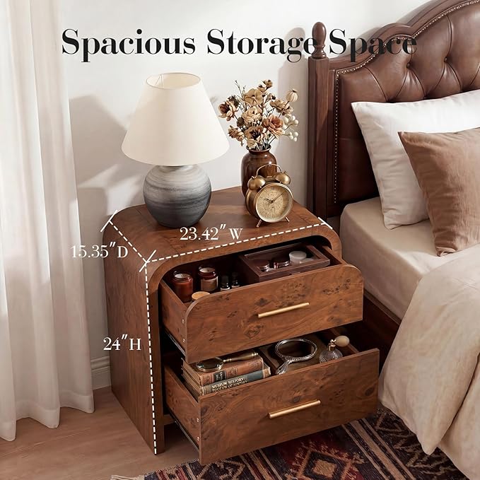 Night Stand [Unique Curved Profile] [FSC-Certified Wooden Board] 2-Drawer Nightstand 24" H Metal Handle Modern Sturdy Bedside Table Side Table End Table | [Curved Profile] [FSC-Certified Wooden Board] Nightstand 24" H Metal Handle Modern Bedside Table ...
