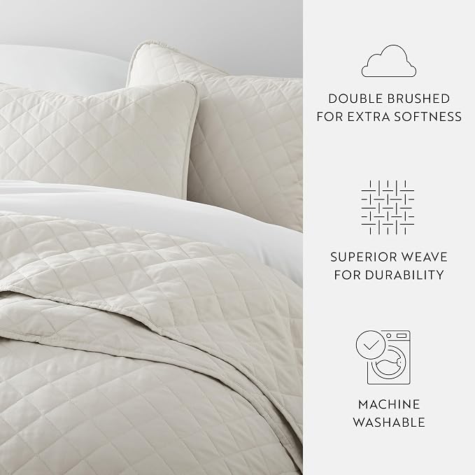 Merit Linens Modern Quilt Coverlet Soft Set in Diamond Stitching - Twin/TwinXL Natural