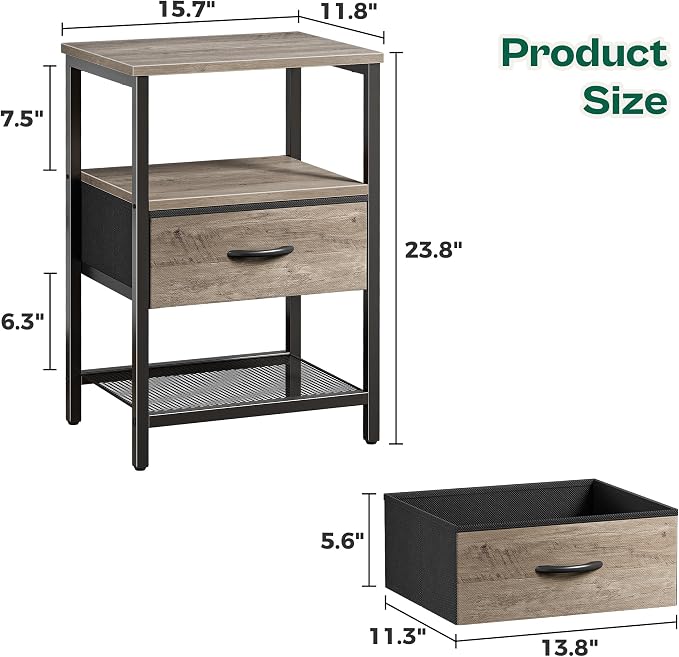 Huuger Nightstand Set of 2, Night Stand with Fabric Drawer, Mesh Shelf | Side Table with Storage, Fabric Drawer Dresser, Open Shelf, Metal Frame, Bedroom, Oak