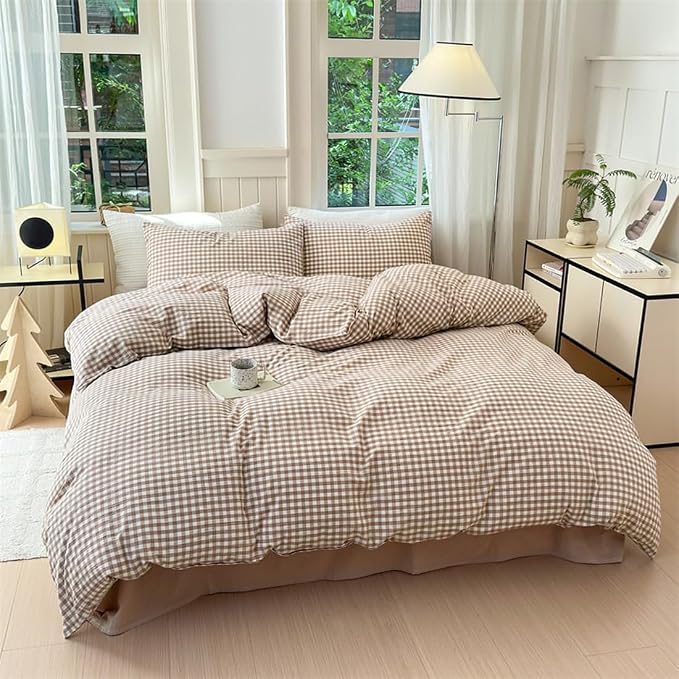 Nayoroom Brown Gingham Duvet Cover Set King Tan Plaid Checkered Bedding | Soft Breathable Washed Microfiber, All-Season Comfort, Hidden Zipper, 4 Corner Ties, Modern Farmhouse Cottage, Dorm Bedding
