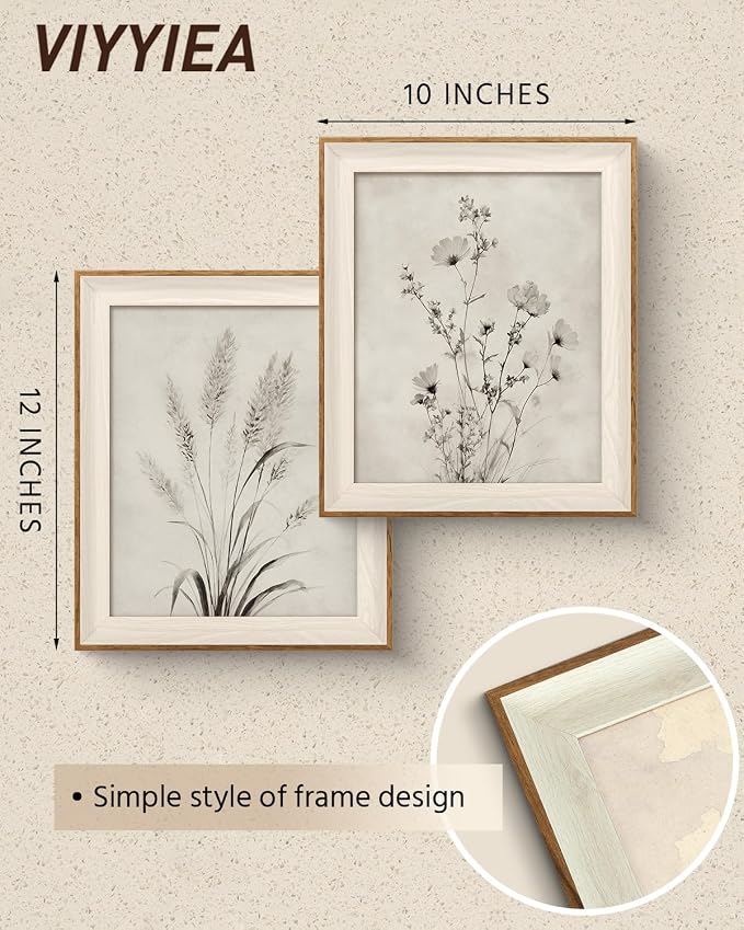 VIYYIEA Framed Botanical Wall Art Set of 2, Wildflower and Pampas Grass Canvas Prints, Minimalist Nature Home Decor, Elegant Living Room Bedroom Office Wall Decorations, 10x12 Inch