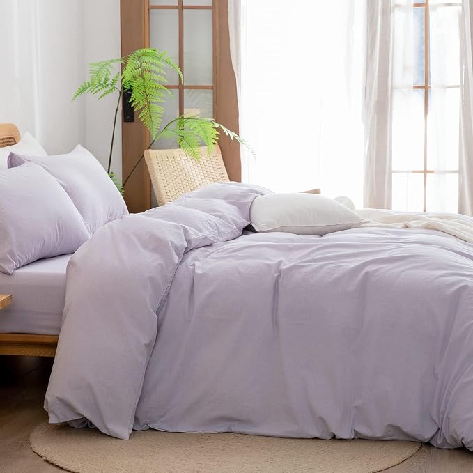 BESTOUCH Cotton Solid Duvet Cover Set Linen Feel Taro Purple Oversized Full | 100% Washed Cotton, Soft Wrinkle Texture, Hidden Zipper, 8 Ties, Breathable Lightweight Durable Comfy, 3 Pcs No Insert