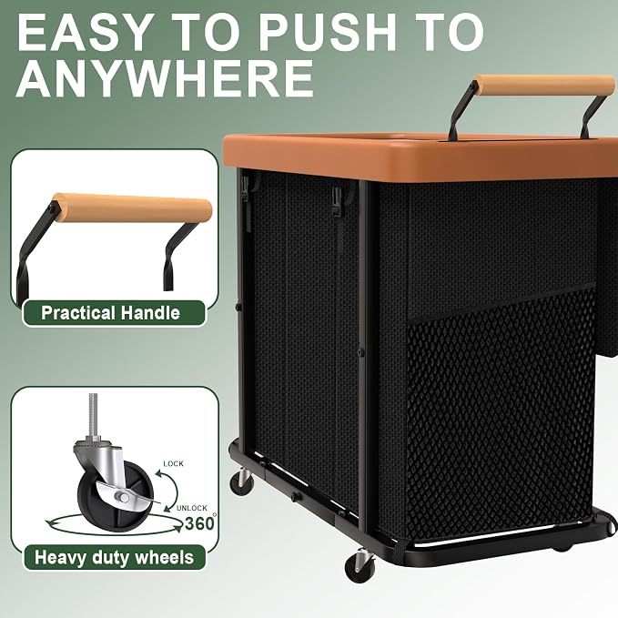 Laundry Hamper 3 Section with Lid,230L Rolling Dirty Clothes Hamper Black | Laundry Basket with Wheels,Laundry Organizer Storage Cart with Sturdy Metal Frame and Wooden Handle for Laundry Room, Hotel