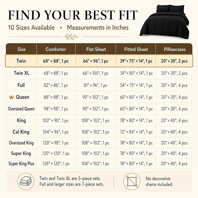 Twin XL Comforter Set Black - 5 Pieces Twin XL Bed in a Bag | College Dorm Essentials, OEKO-TEX Certified, All Season, Down-Alternative Comforter + Flat & Fitted Sheets + 2 Pillowcases